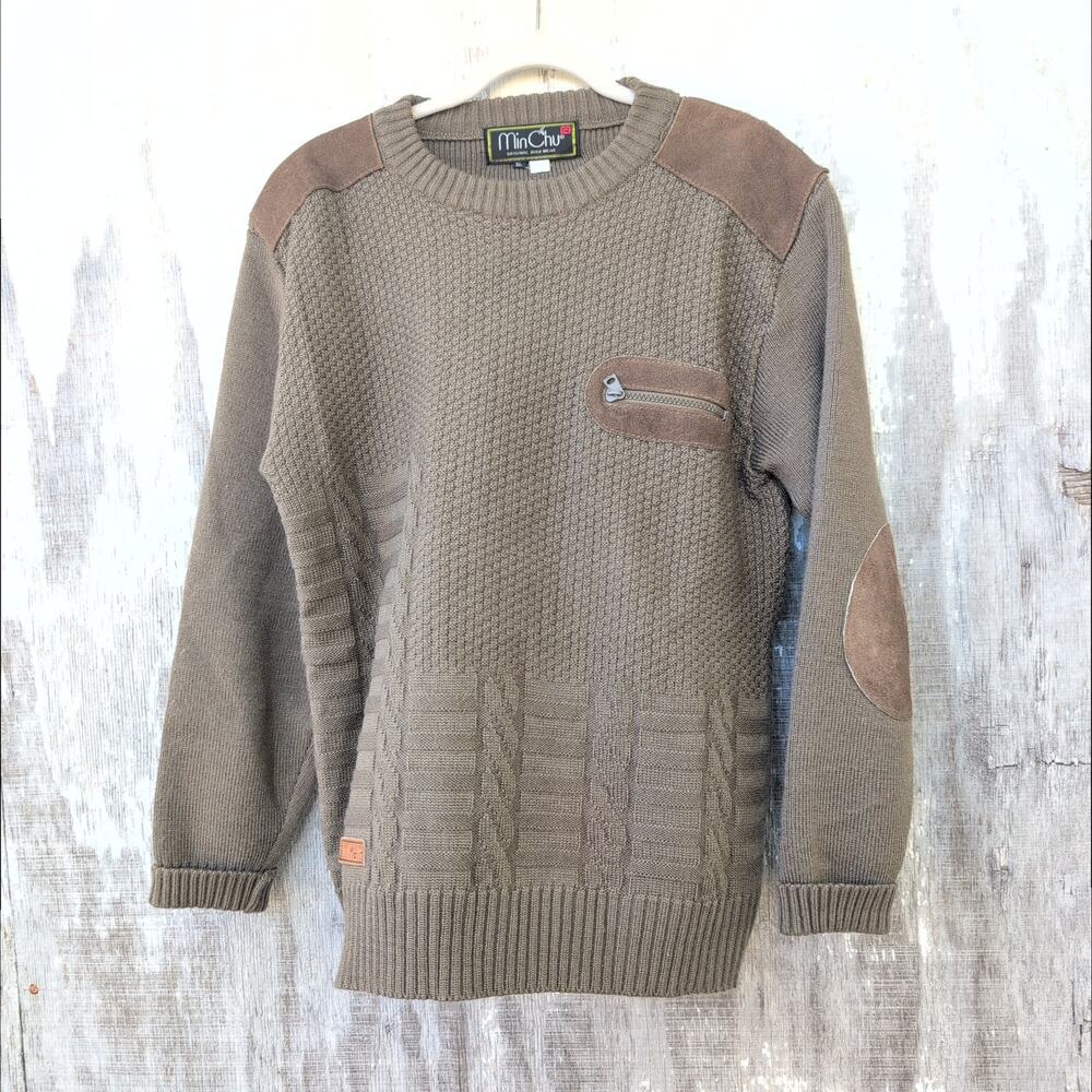 VTG Min Chu Wool Blend Sweater Leather Patchwork Cabin Core Men's XL (Fits L)